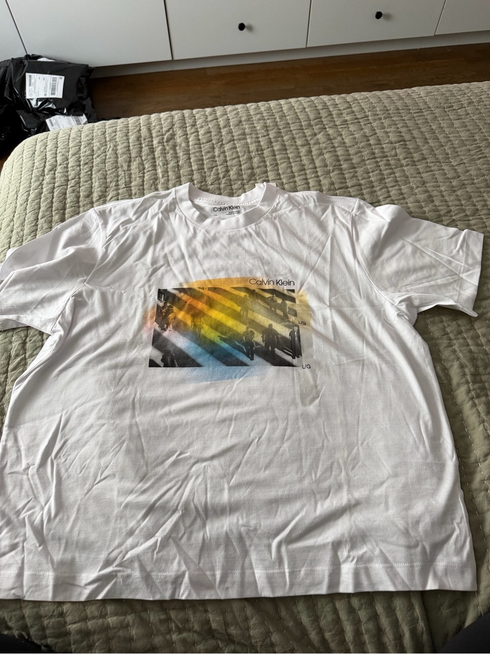 Calvin Klein White Short Sleeve Tee with Yellow & Blue Graphic
